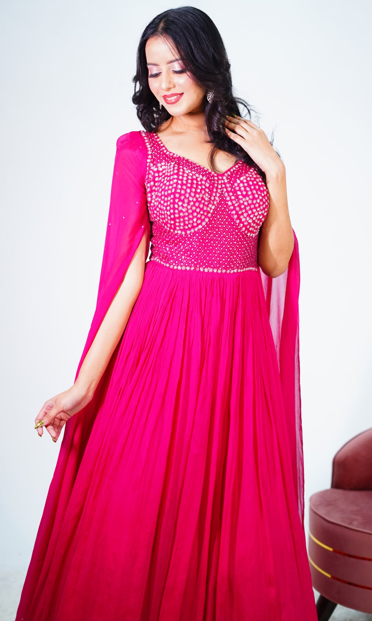 Pink Semi Georgette Stone Work Gown