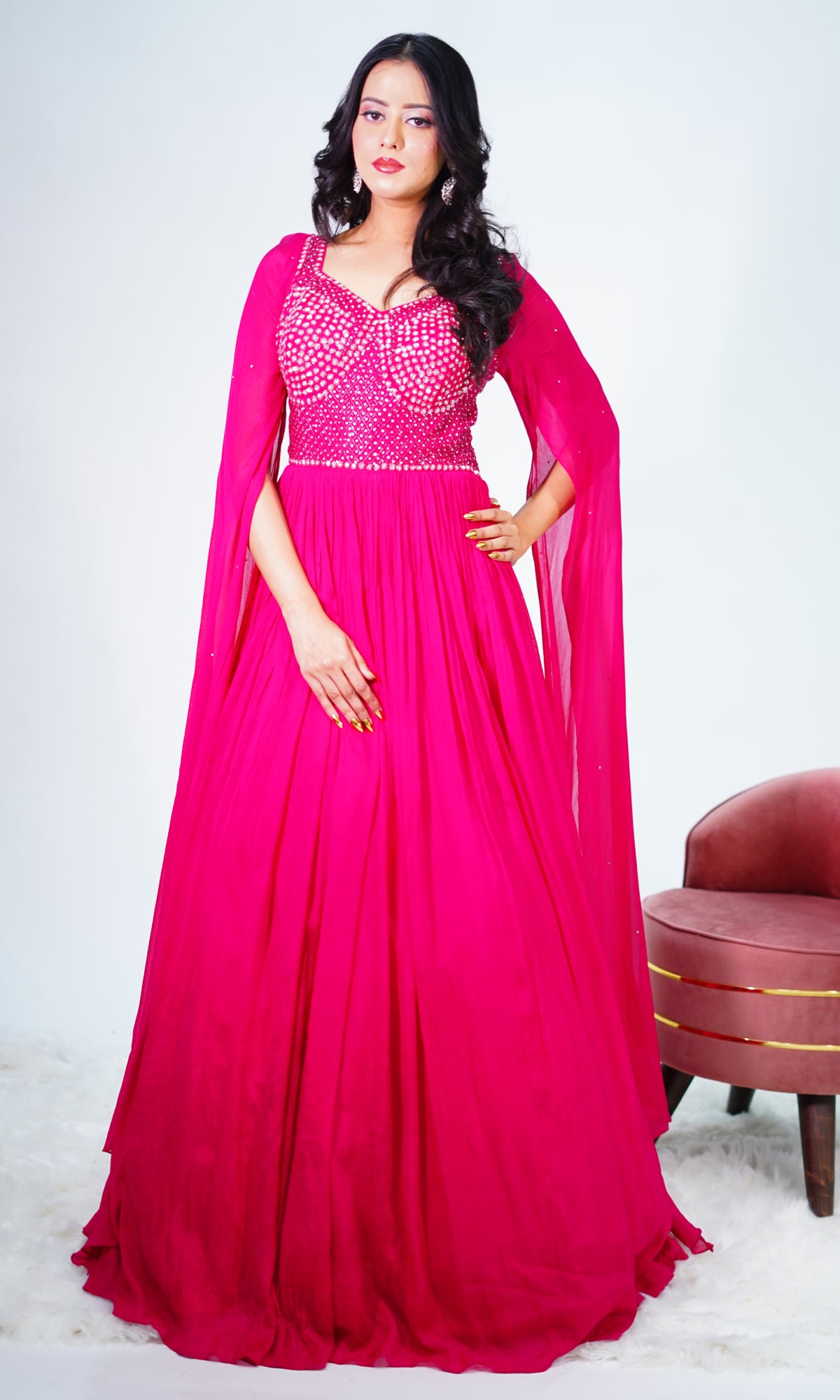 Pink Semi Georgette Stone Work Gown