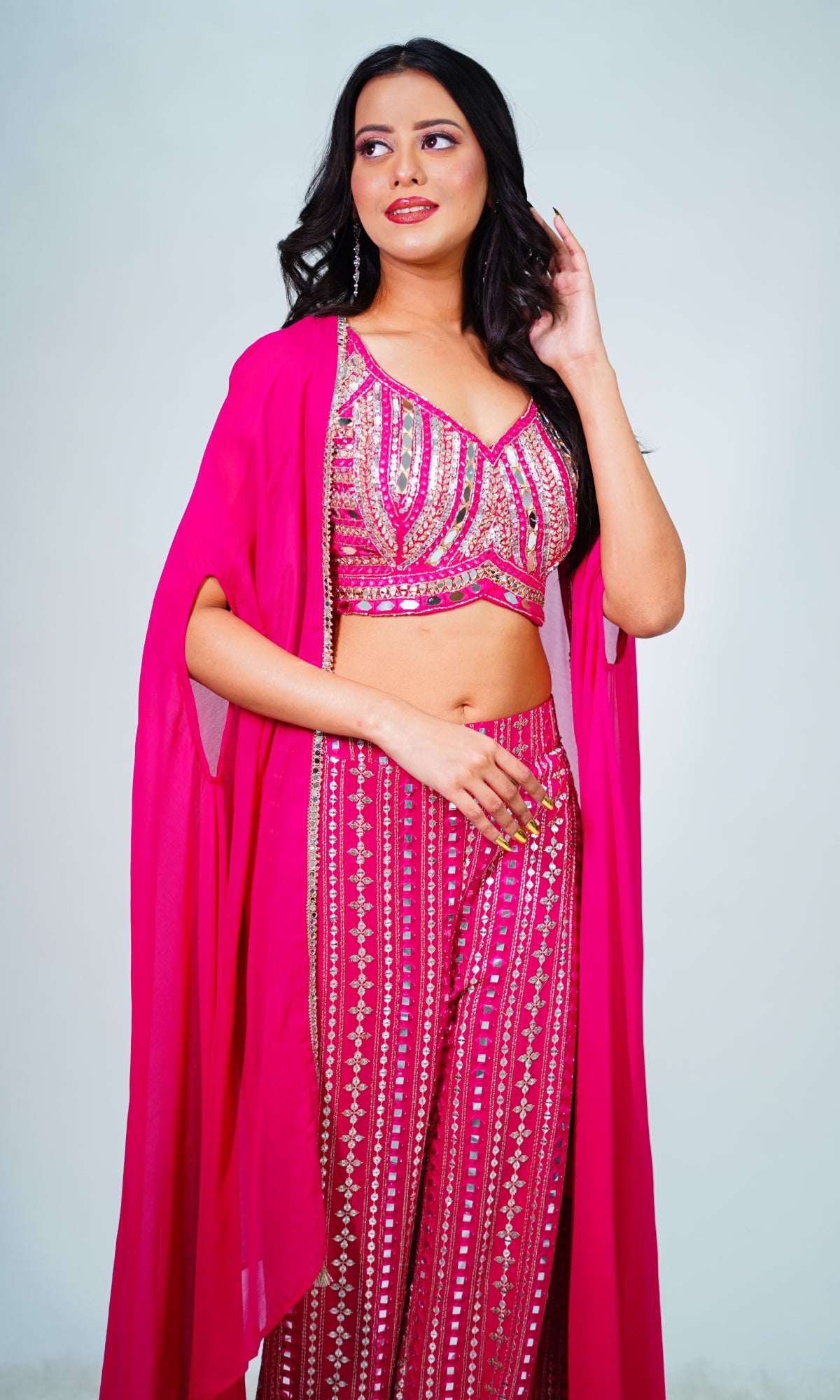 Pink Semi Georgette Mirror WorkTop And Pant Set with Jacket