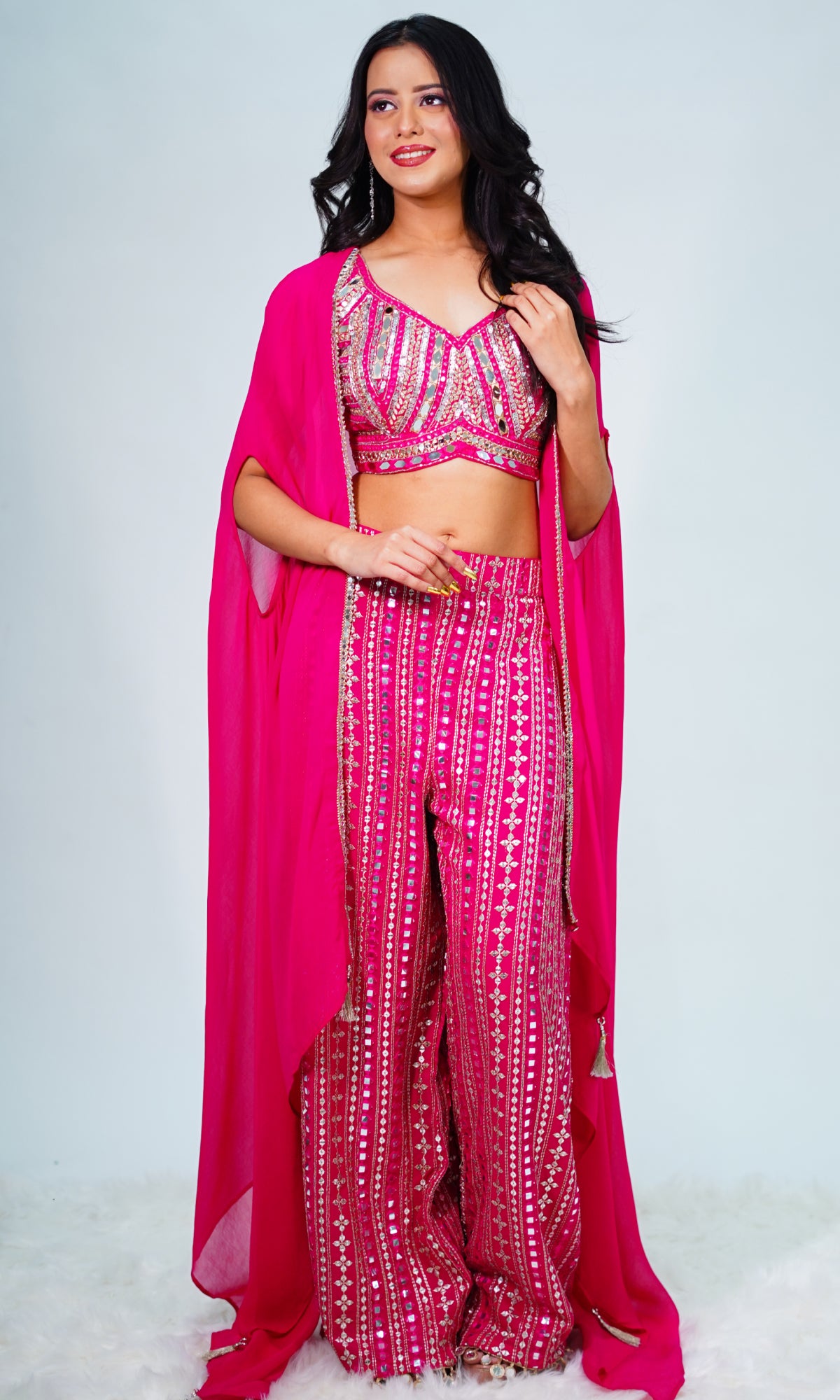 Pink Semi Georgette Mirror WorkTop And Pant Set with Jacket