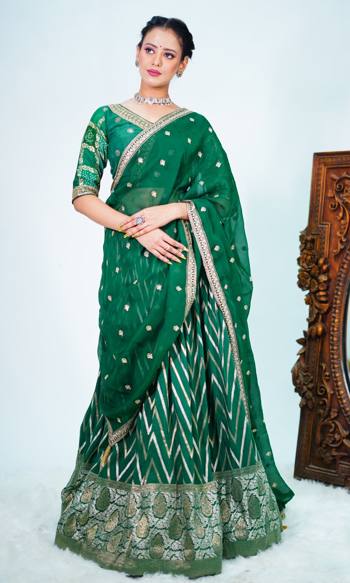 Green Raw Silk Banarasi Lehenga With Blouse And Dupatta