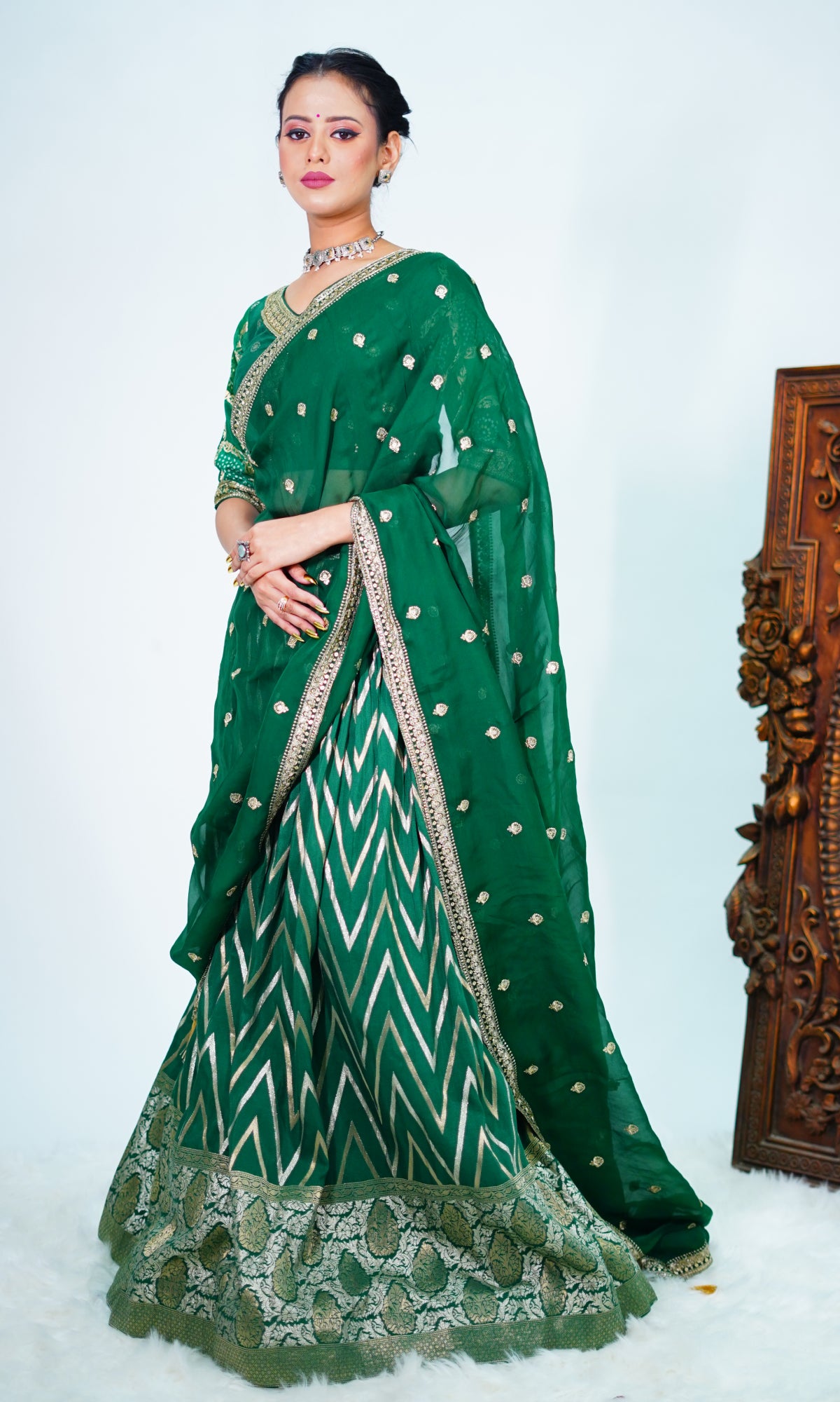 Green Raw Silk Banarasi Lehenga With Blouse And Dupatta