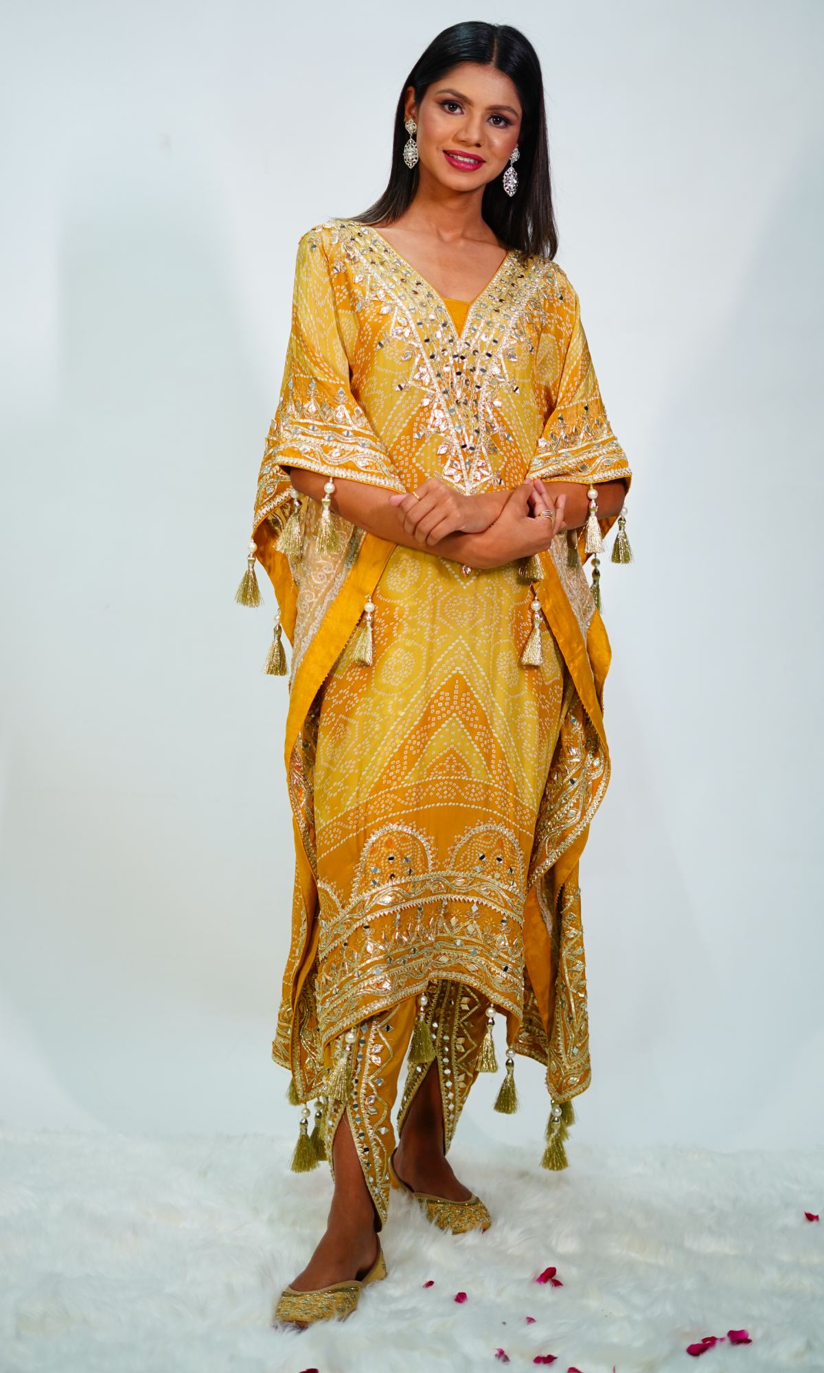 Mustard Semi Georgette Gota Patti Kaftan Set