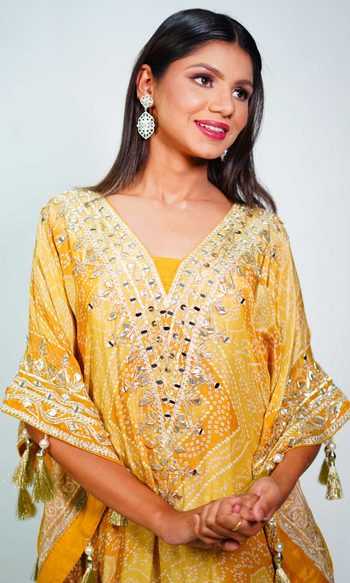 Mustard Semi Georgette Gota Patti Kaftan Set