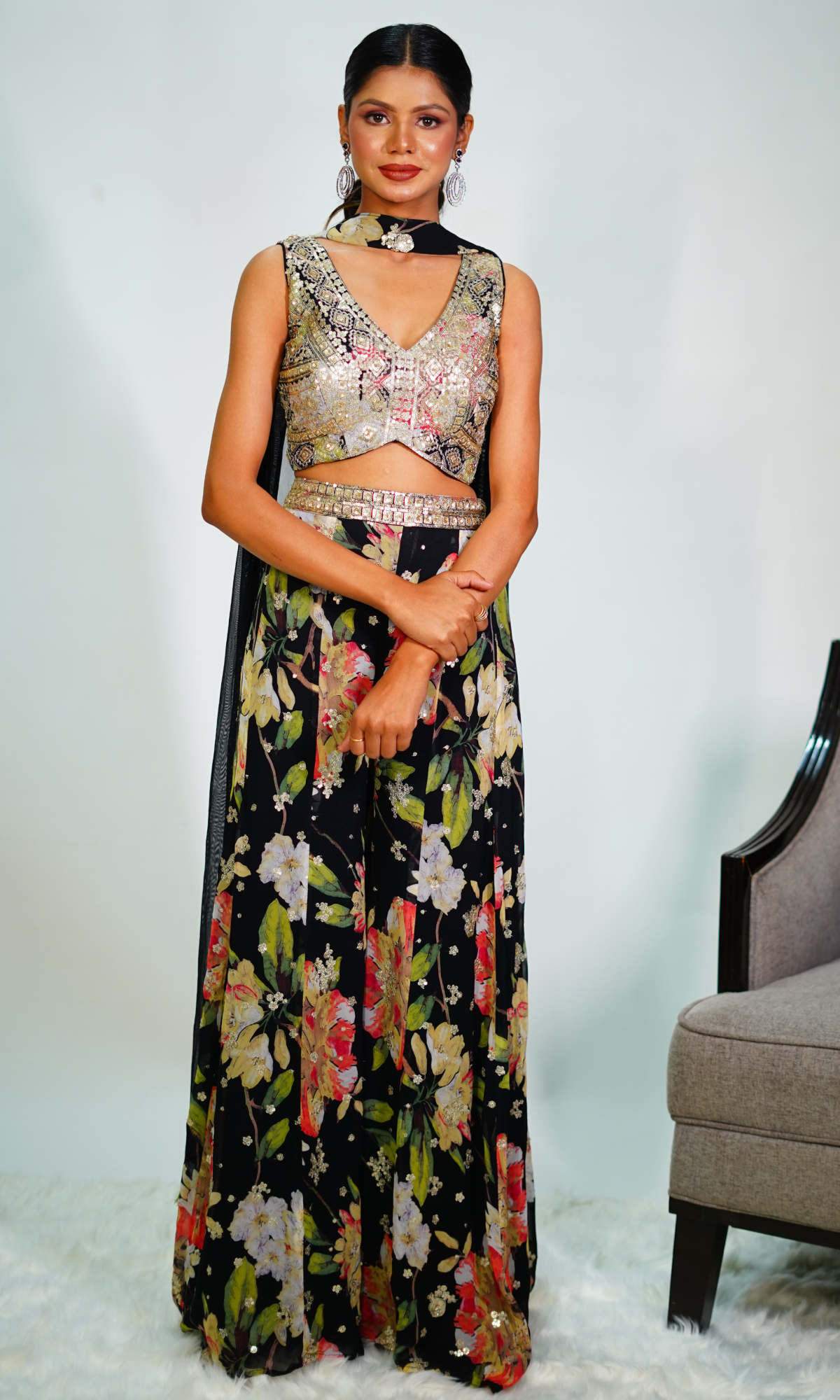 Black Semi Georgette FLoral Embroidered Sharara Set
