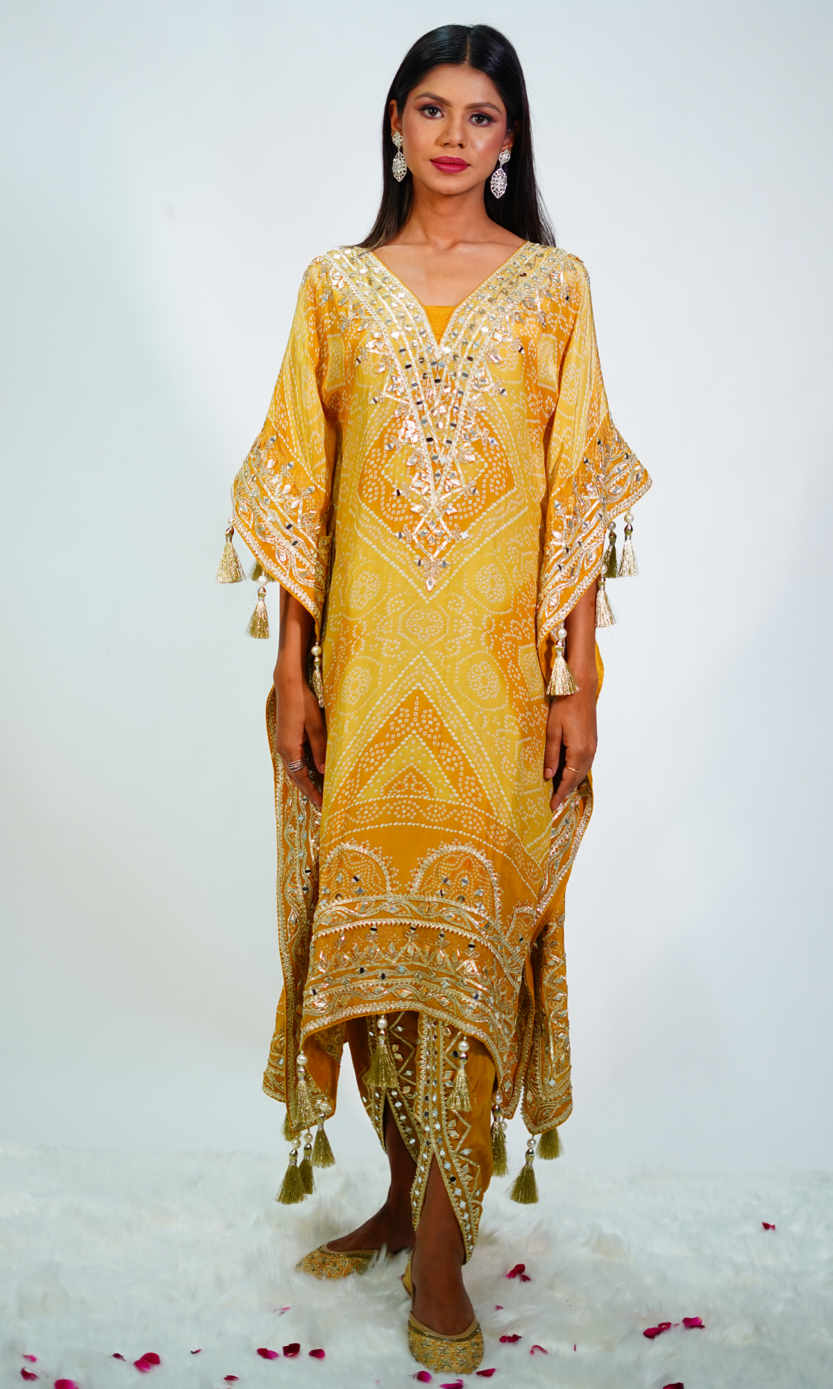 Mustard Semi Georgette Gota Patti Kaftan Set