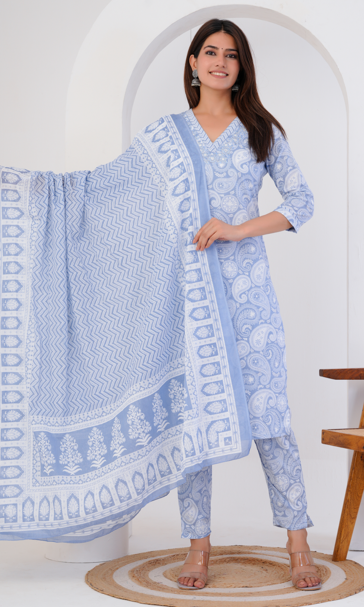 Blue Semi Cotton Floral Printed Salwar Suit
