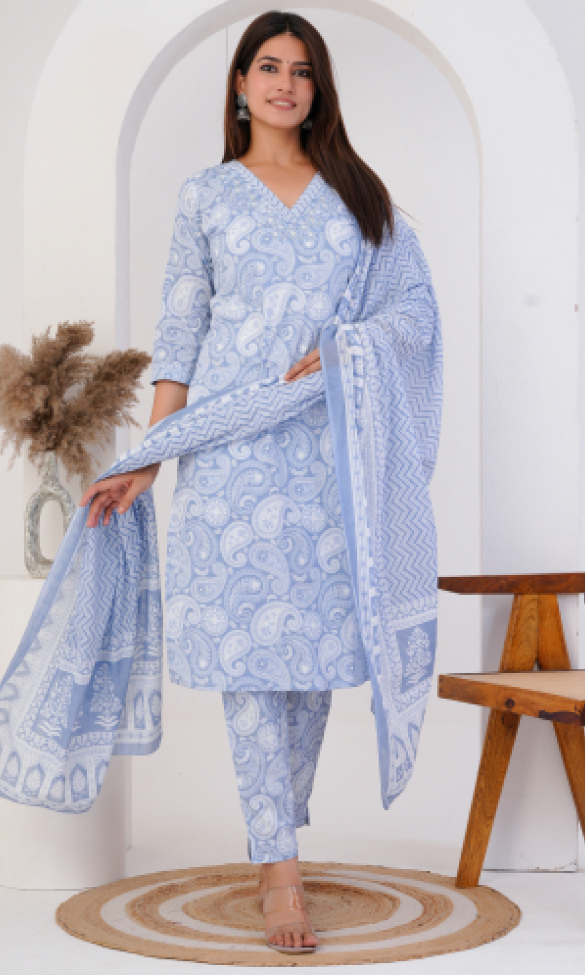 Blue Semi Cotton Floral Printed Salwar Suit
