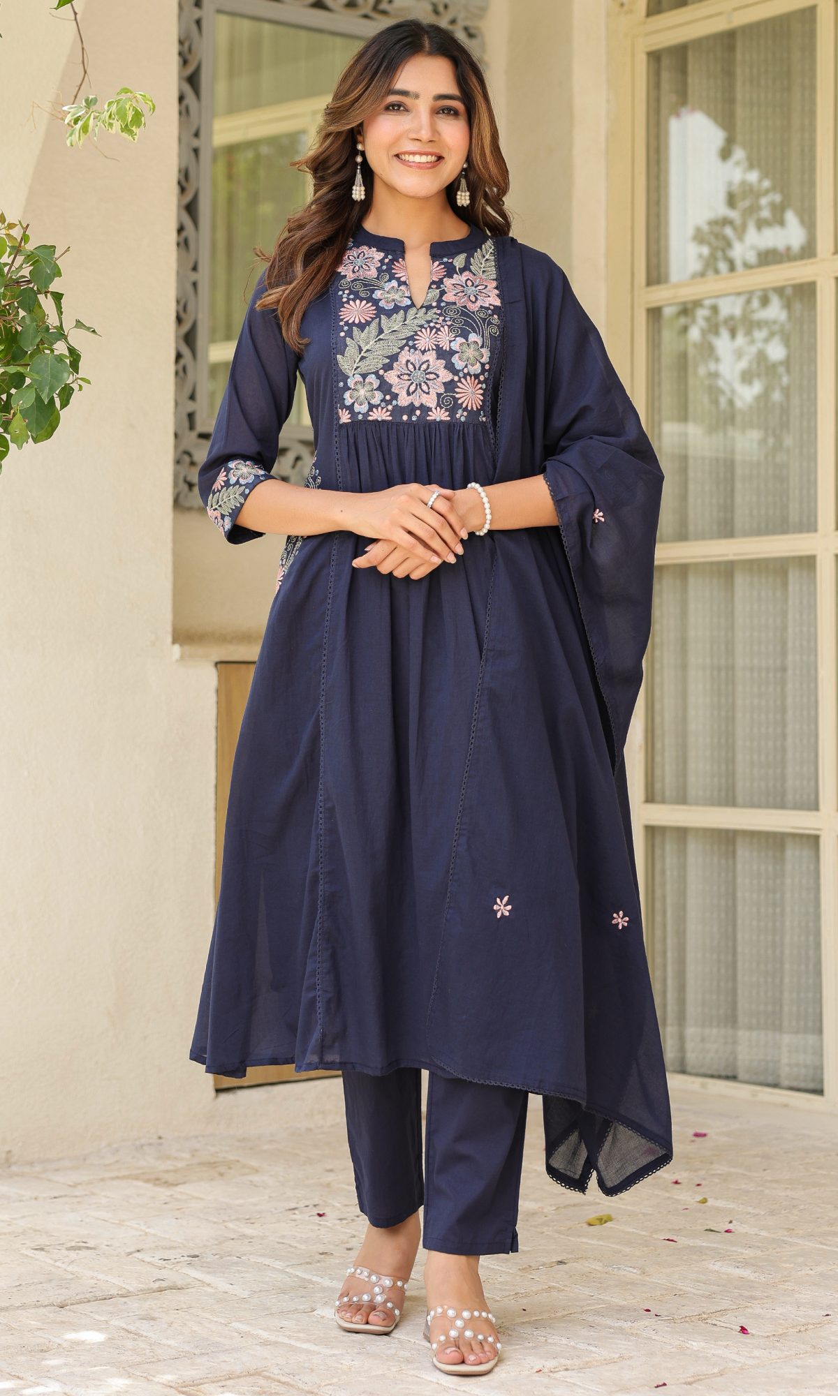 Navy Blue Semi Cotton Floral Embroidered Anarkali Suit