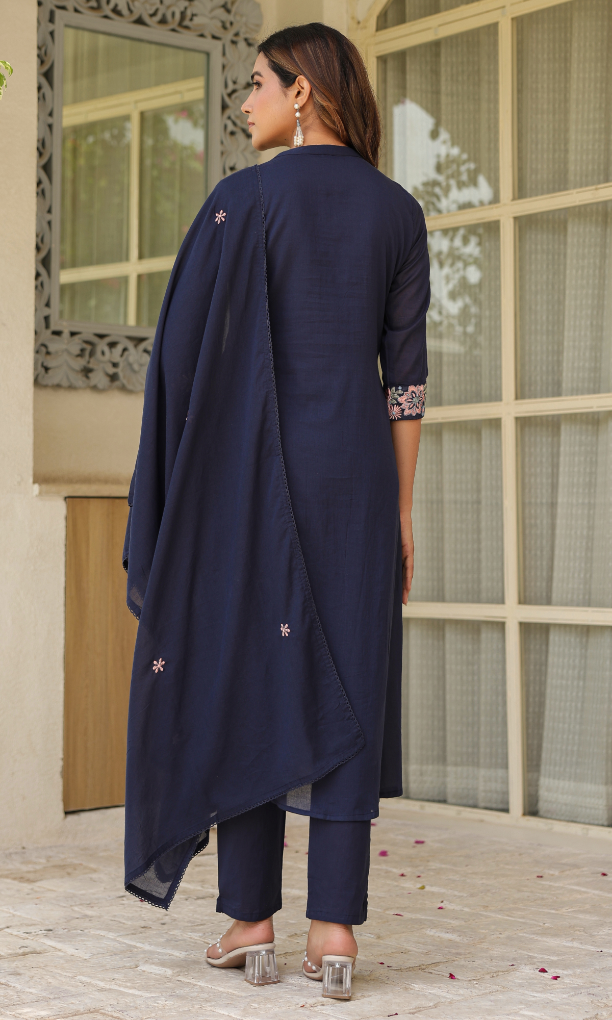 Navy Blue Semi Cotton Floral Embroidered Anarkali Suit