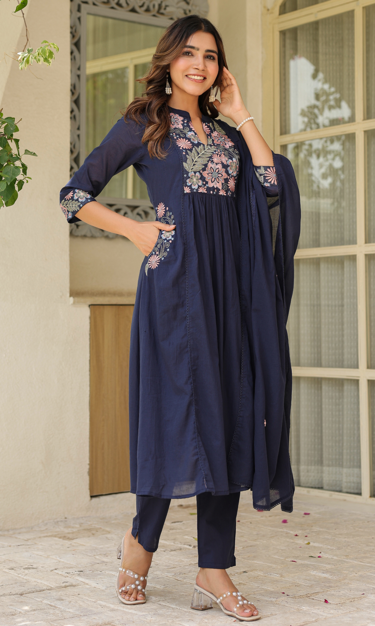 Navy Blue Semi Cotton Floral Embroidered Anarkali Suit