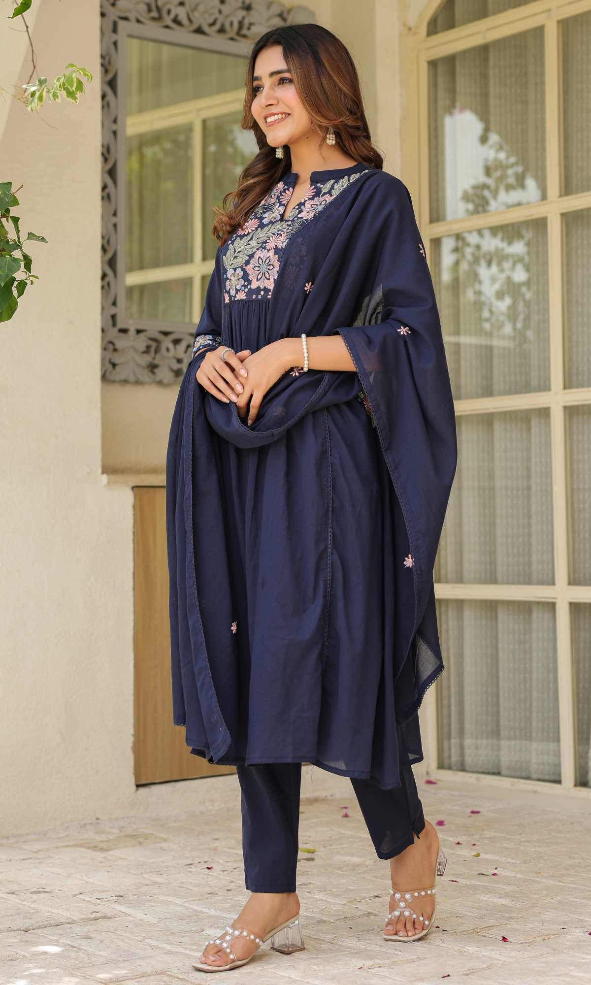 Navy Blue Semi Cotton Floral Embroidered Anarkali Suit