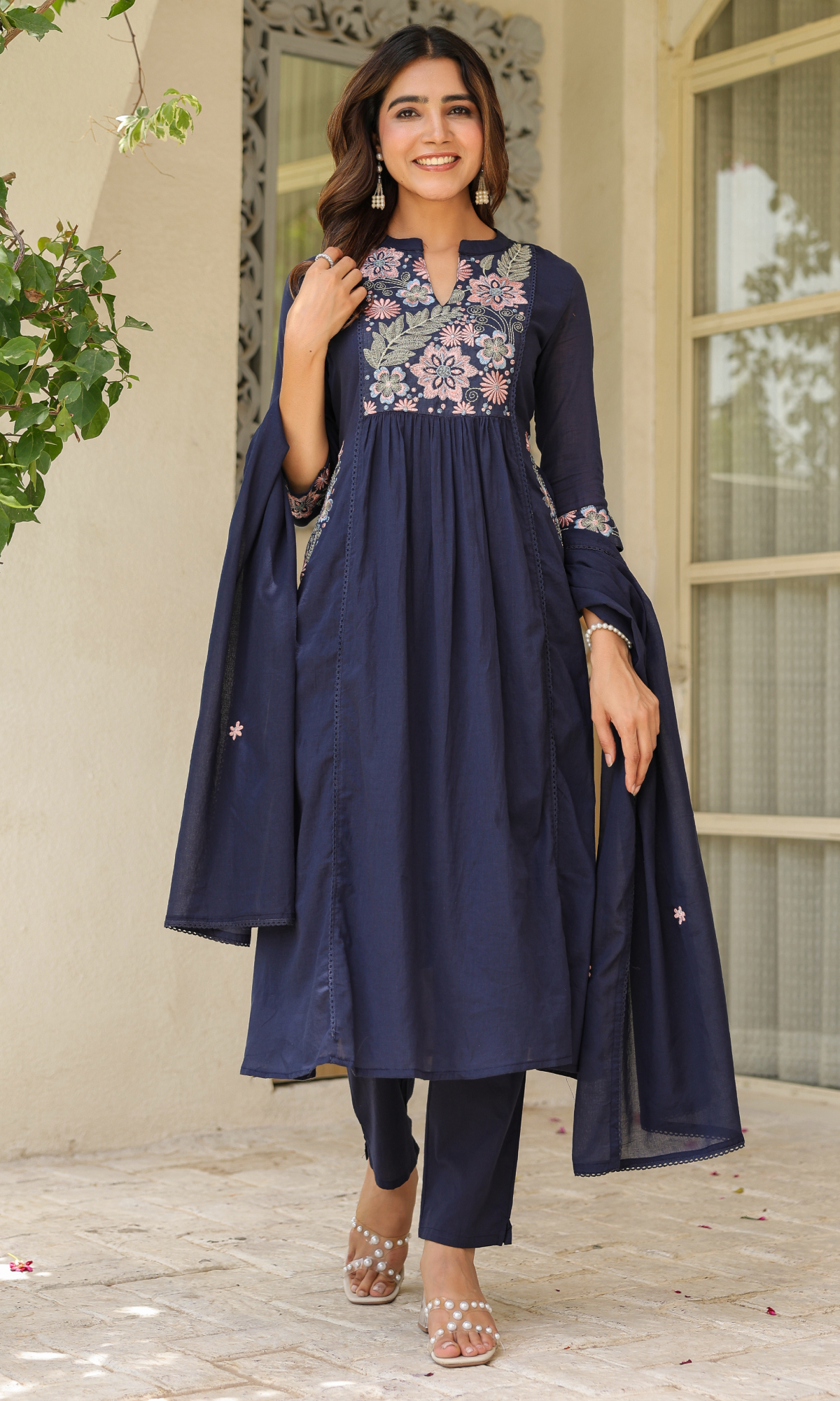 Navy Blue Semi Cotton Floral Embroidered Anarkali Suit