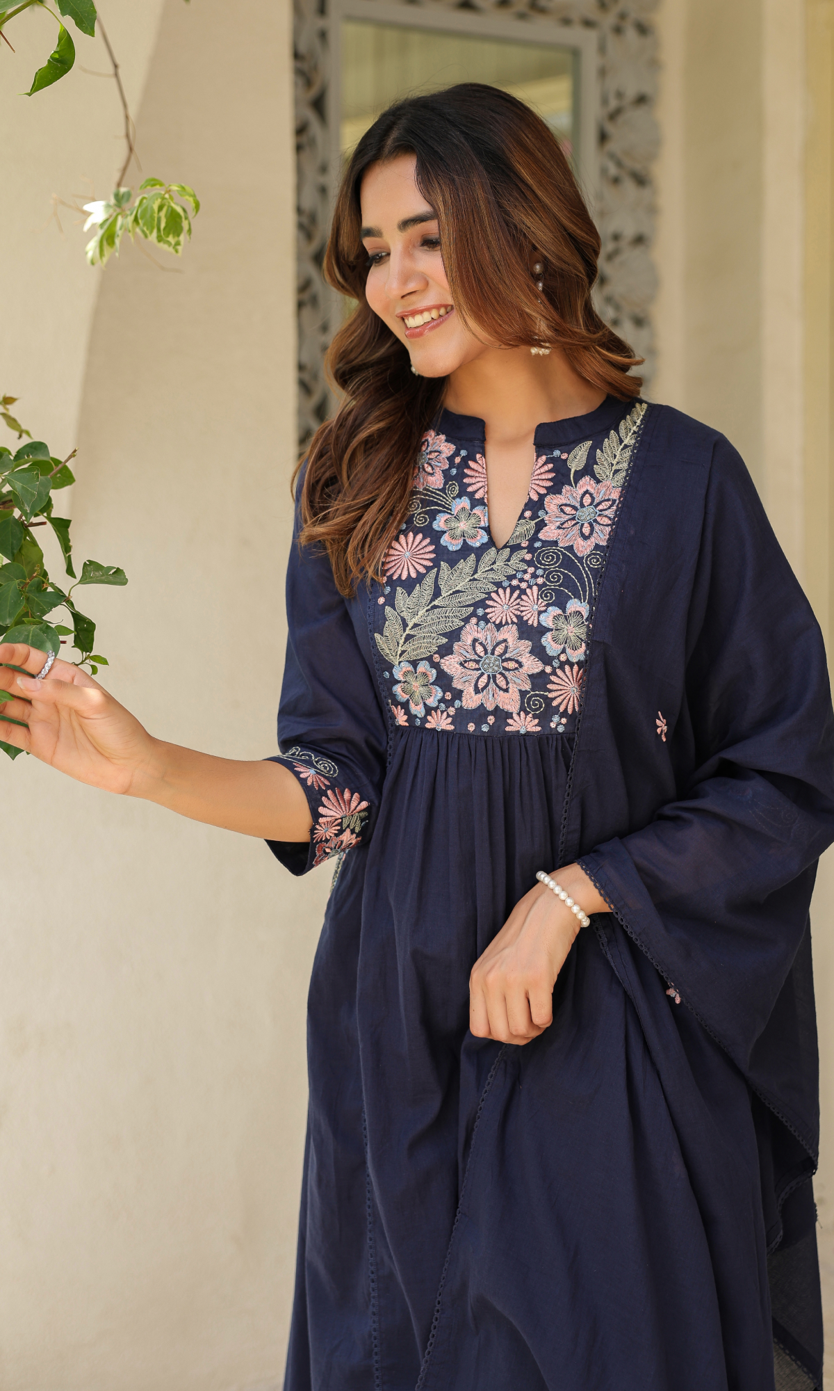 Navy Blue Semi Cotton Floral Embroidered Anarkali Suit