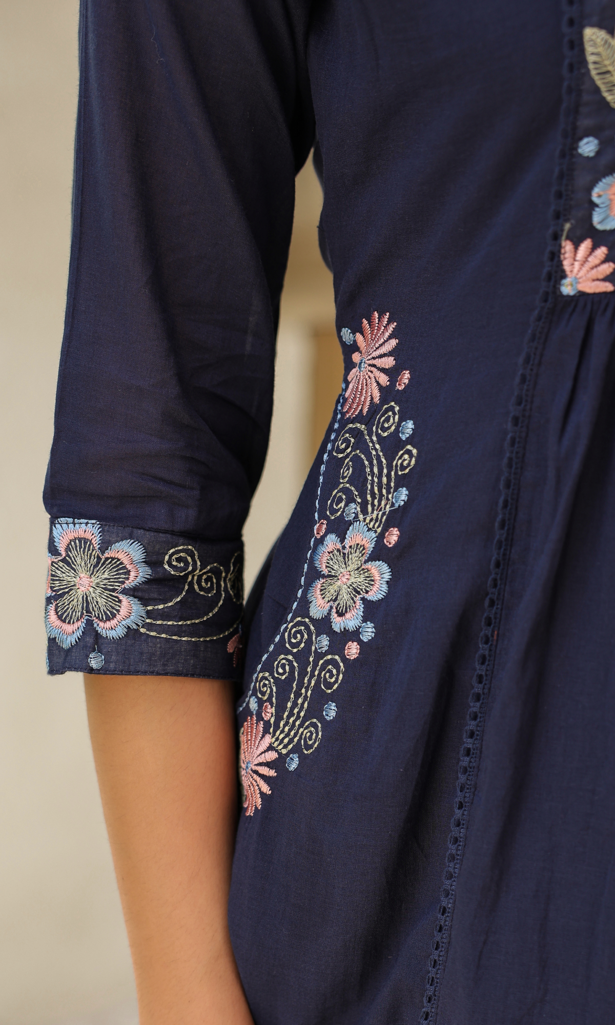 Navy Blue Semi Cotton Floral Embroidered Anarkali Suit