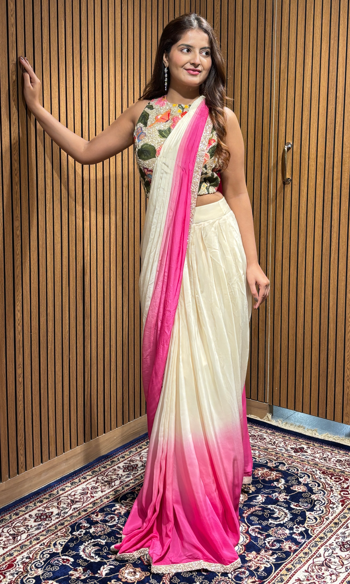 White Satin Ethnic Motifs Saree with Stitched Blouse