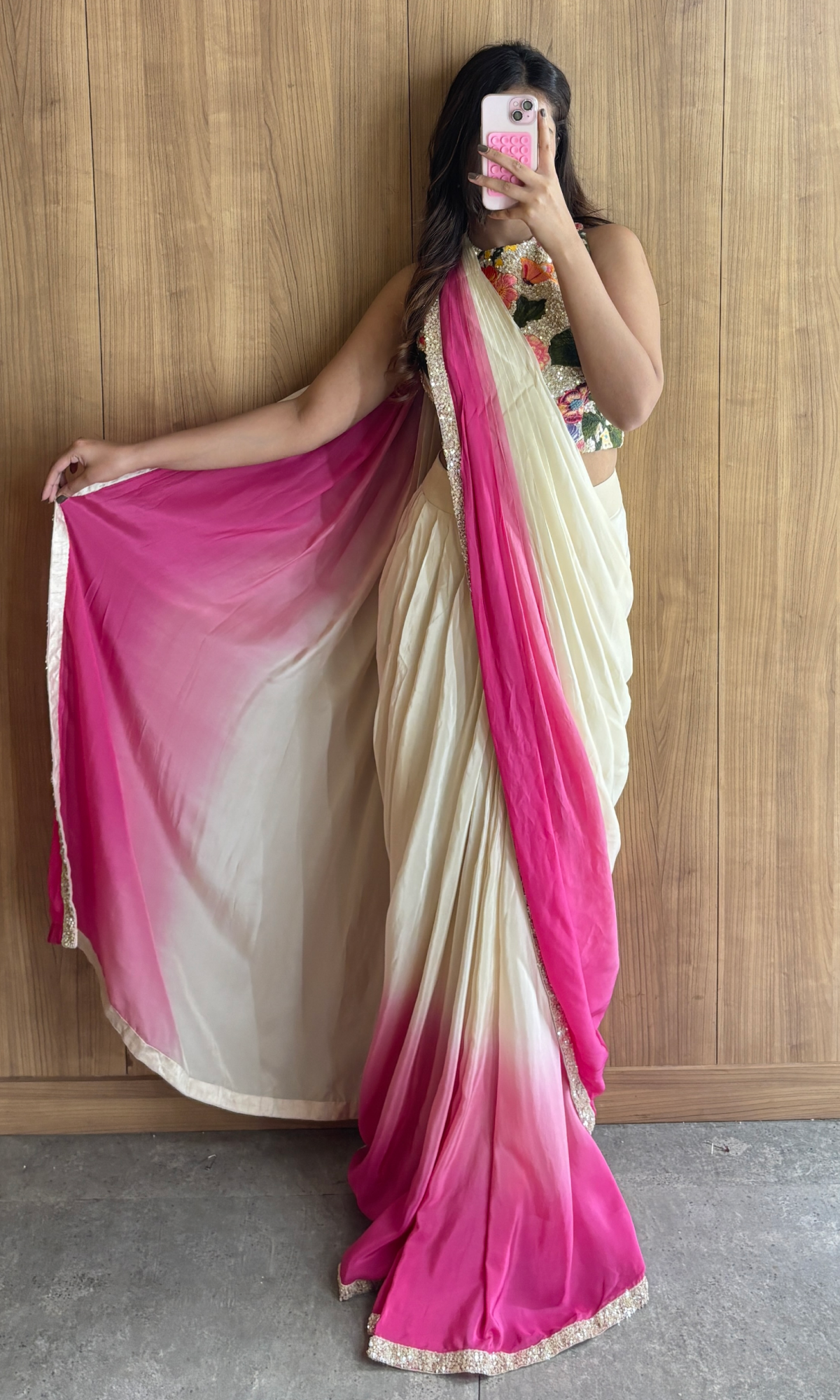 White Satin Ethnic Motifs Saree with Stitched Blouse