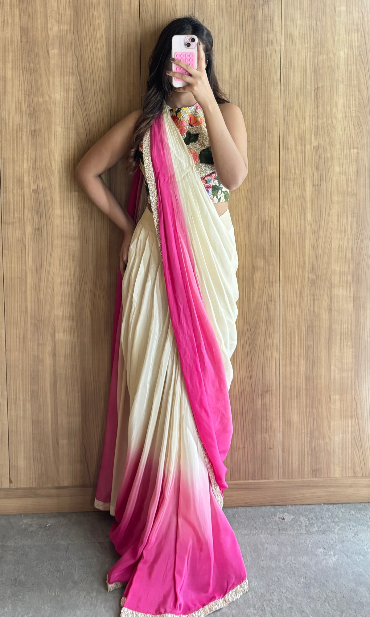 White Satin Ethnic Motifs Saree with Stitched Blouse