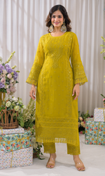Mustard Semi Cotton Embroidered Salwar Suit