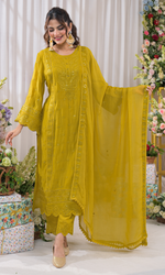 Mustard Semi Cotton Embroidered Salwar Suit