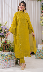 Mustard Semi Cotton Embroidered Salwar Suit