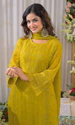 Mustard Semi Cotton Embroidered Salwar Suit