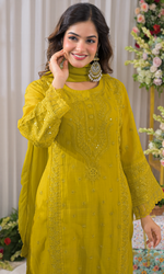 Mustard Semi Cotton Embroidered Salwar Suit