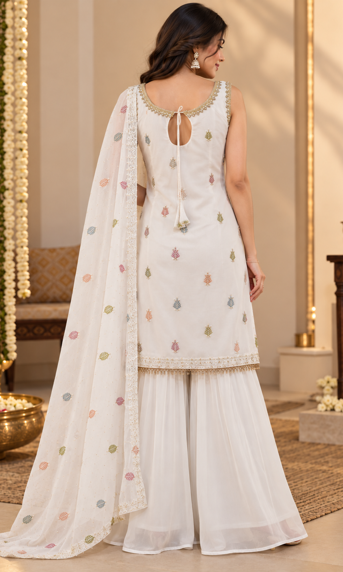 White Embroidered Sharara Set