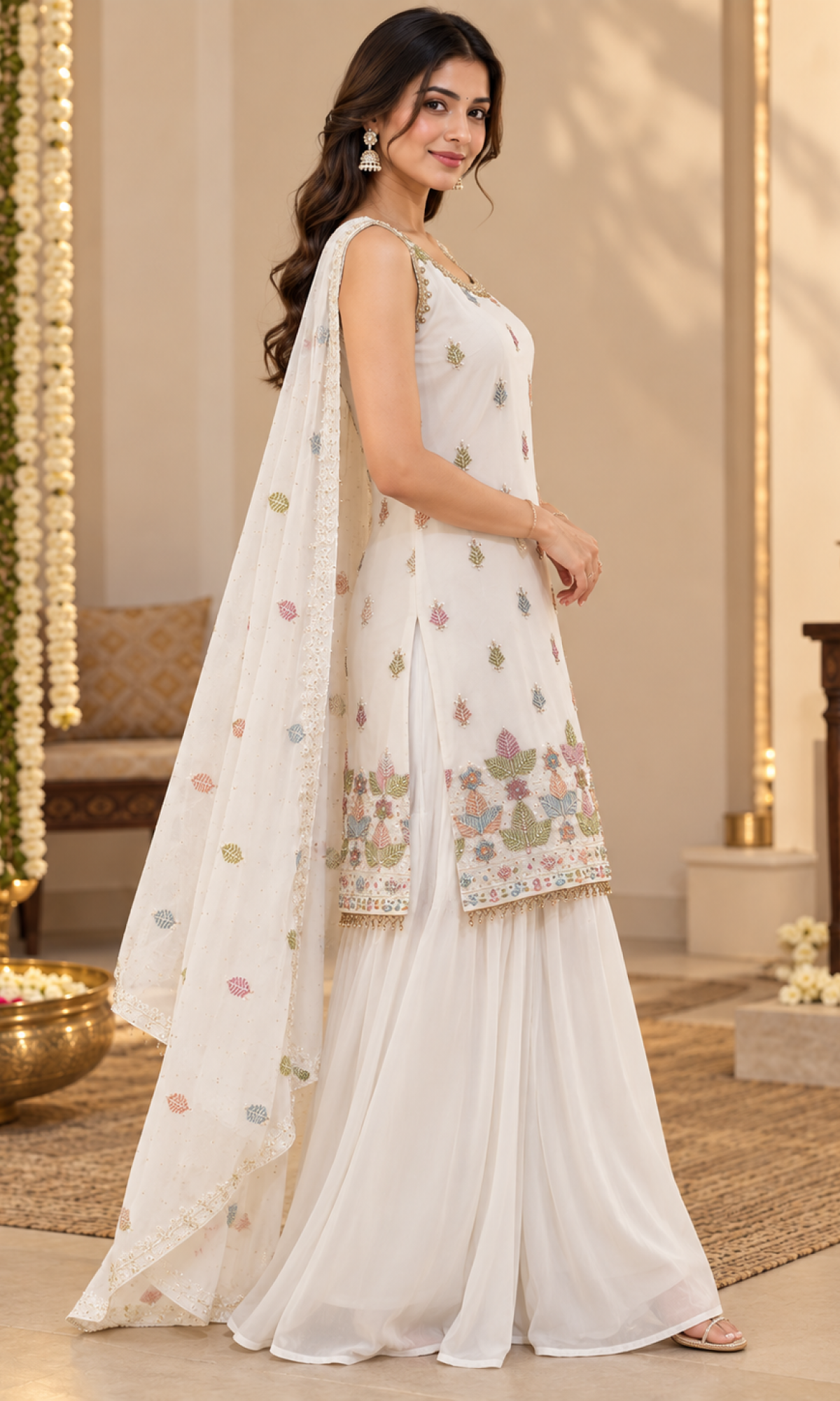 White Embroidered Sharara Set