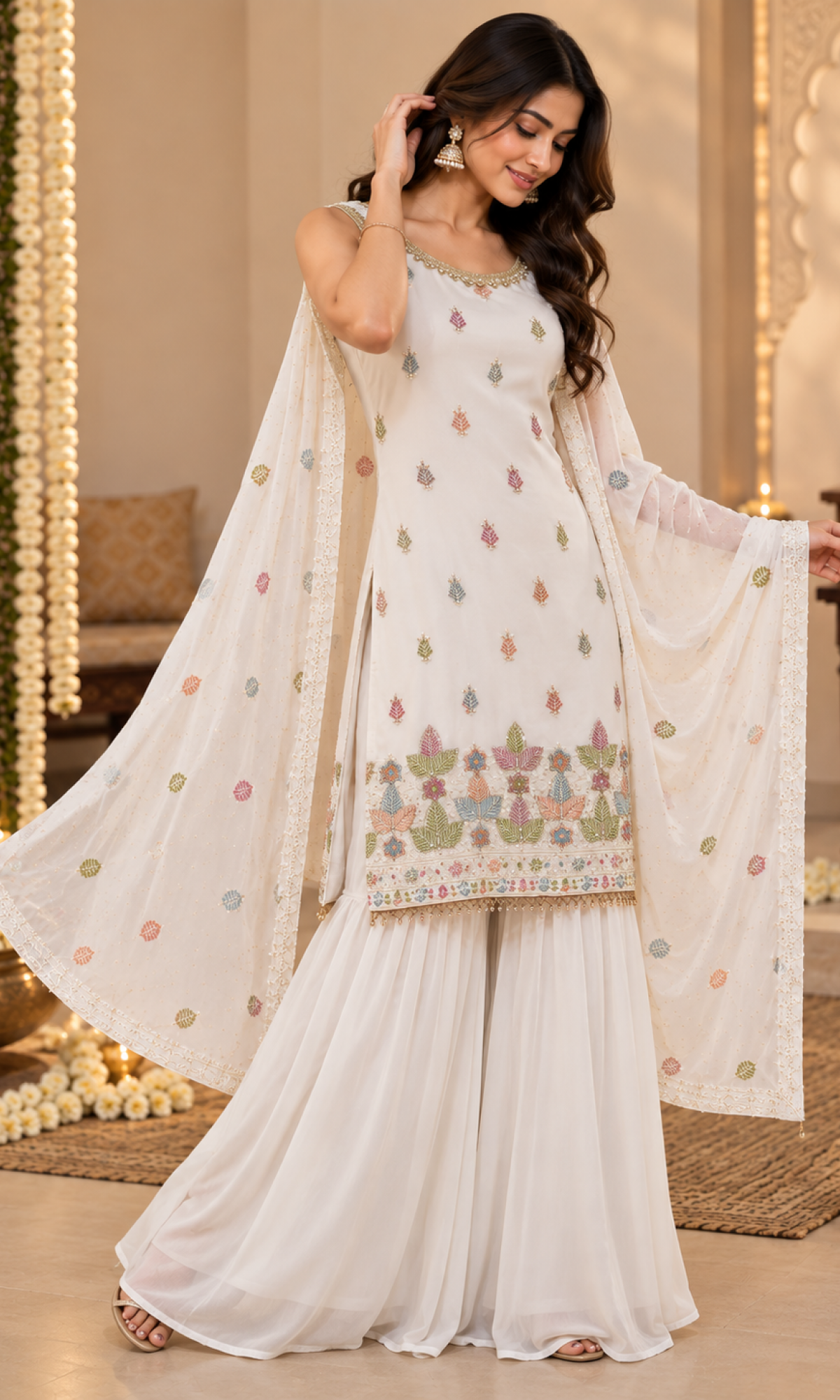 White Embroidered Sharara Set
