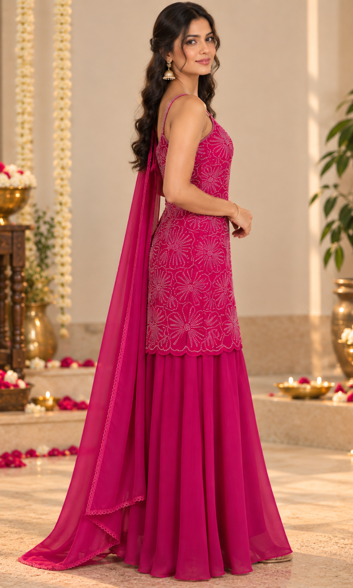 Cherry Red Handwork Palazzo Set