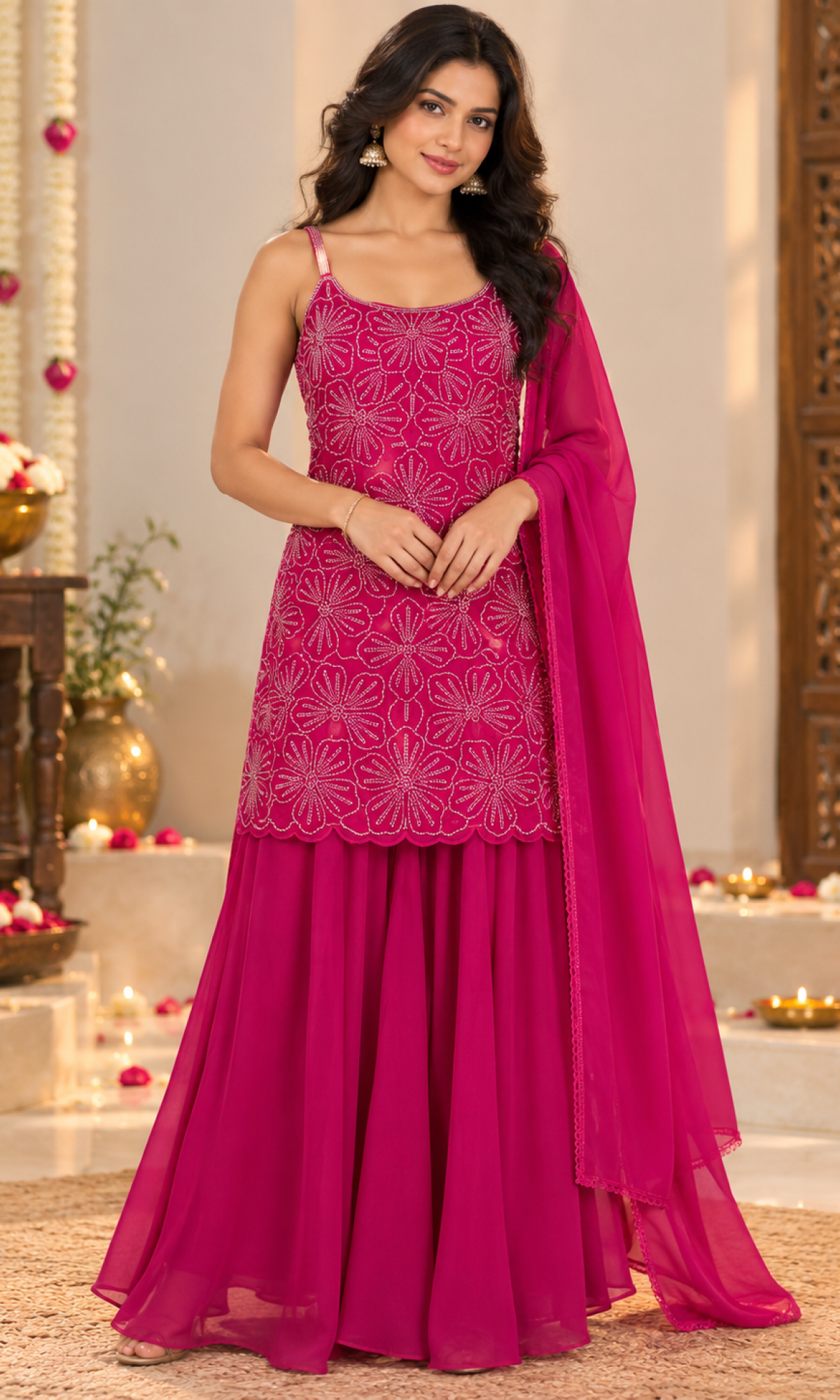Cherry Red Handwork Palazzo Set