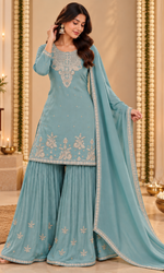 Blue Sequence Embroidered Sharara Set