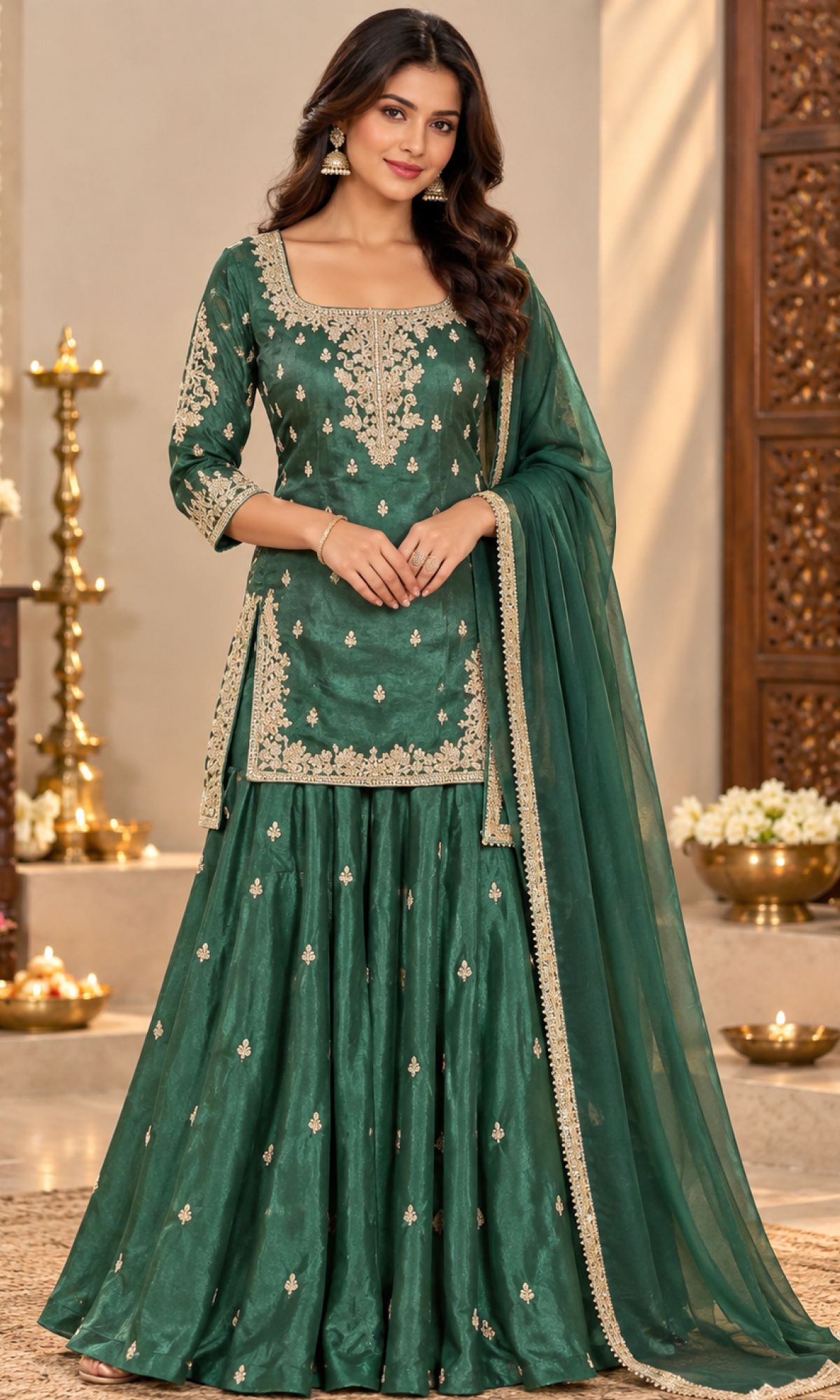 Green Embroidered Palazzo Set