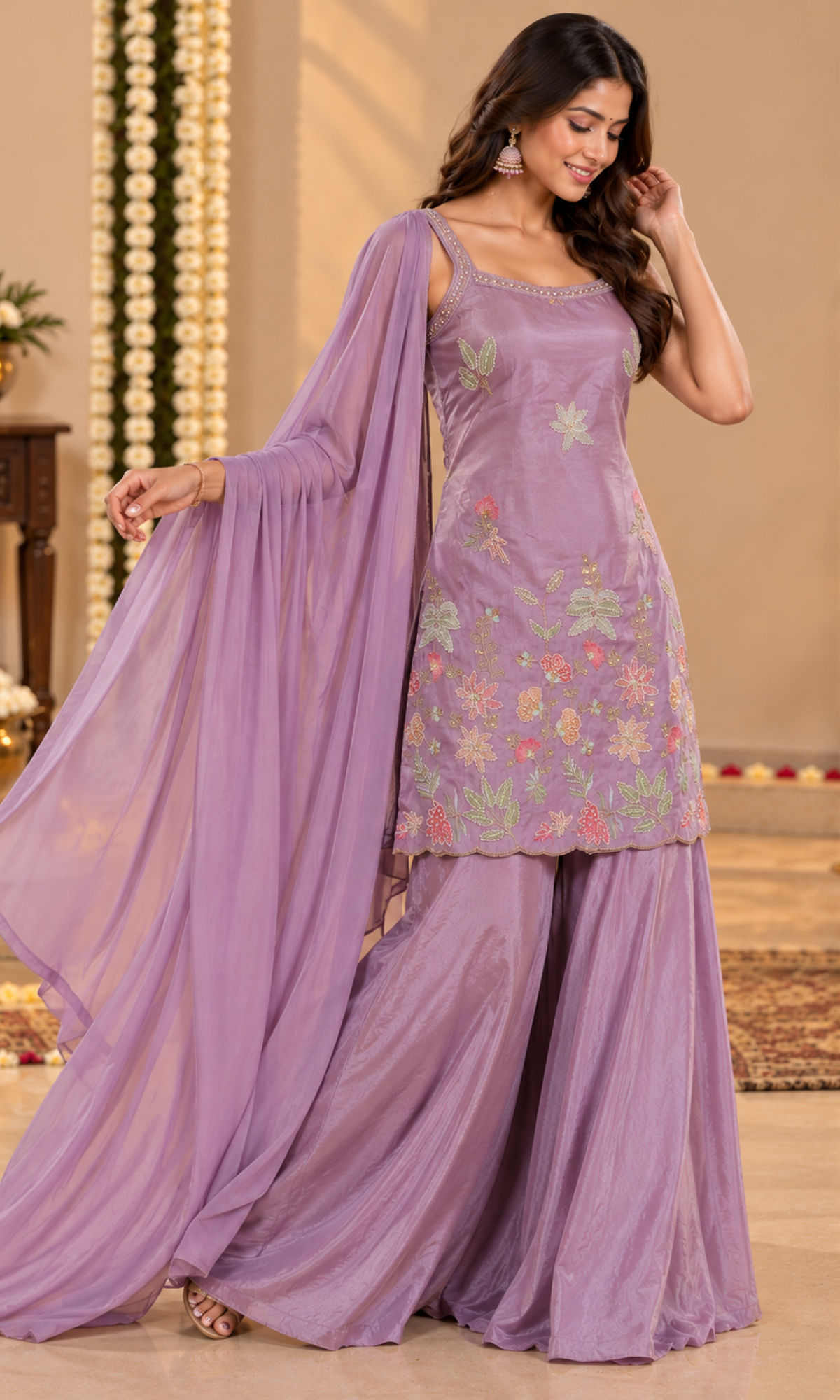 Purple Floral Embroidered Palazzo Set