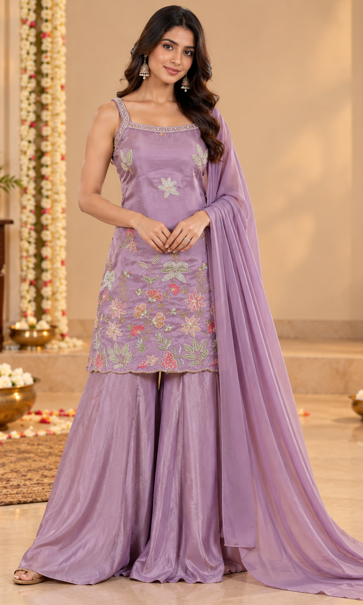 Purple Floral Embroidered Palazzo Set