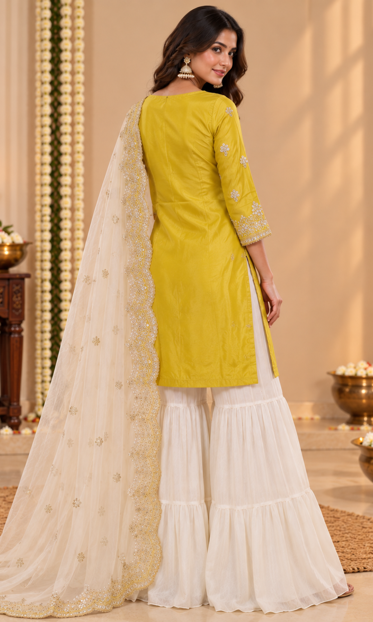 Yellow Floral Embroiderd Sharara Set