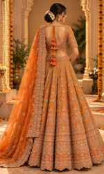 Orange Floral Embroidered Bridal Lehenga