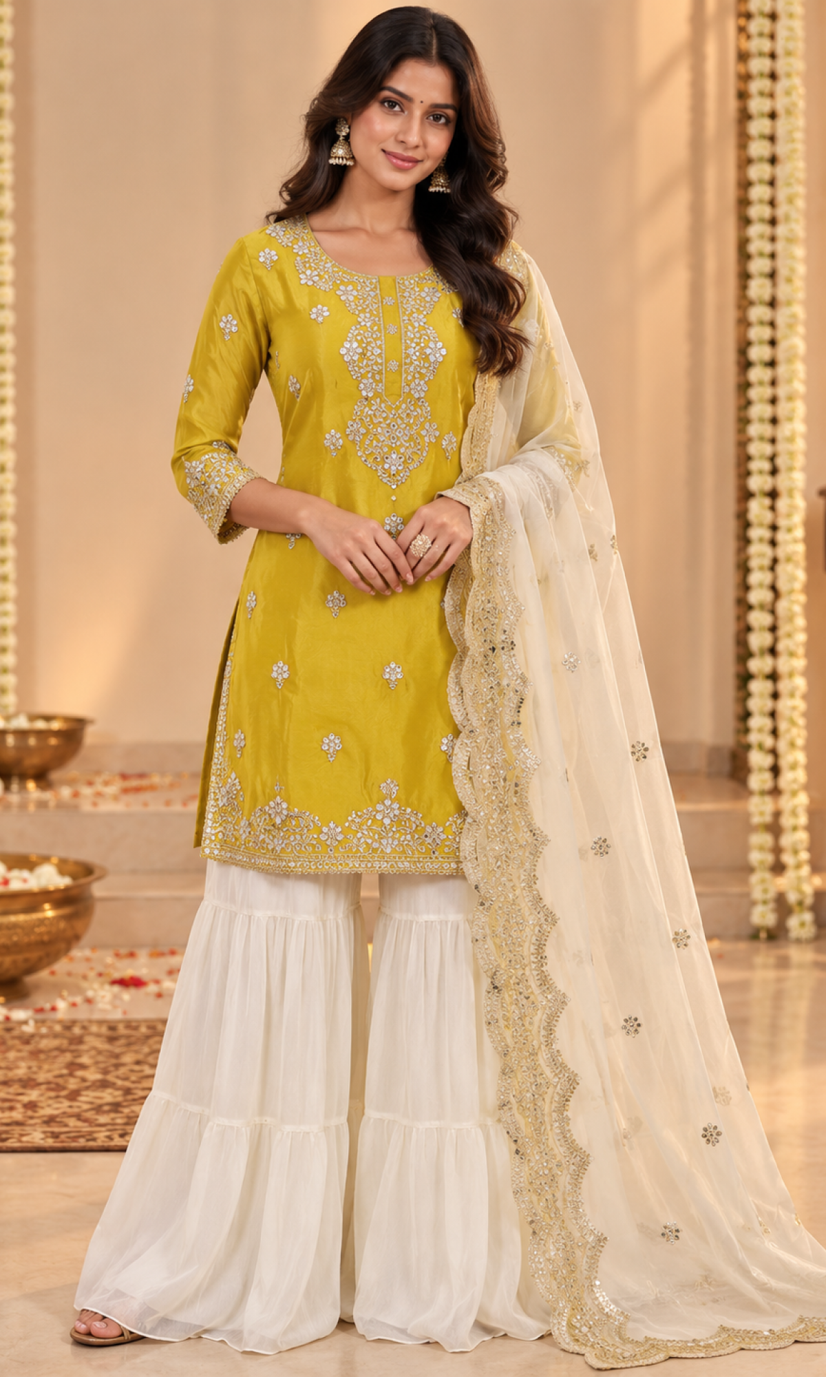 Yellow Floral Embroiderd Sharara Set
