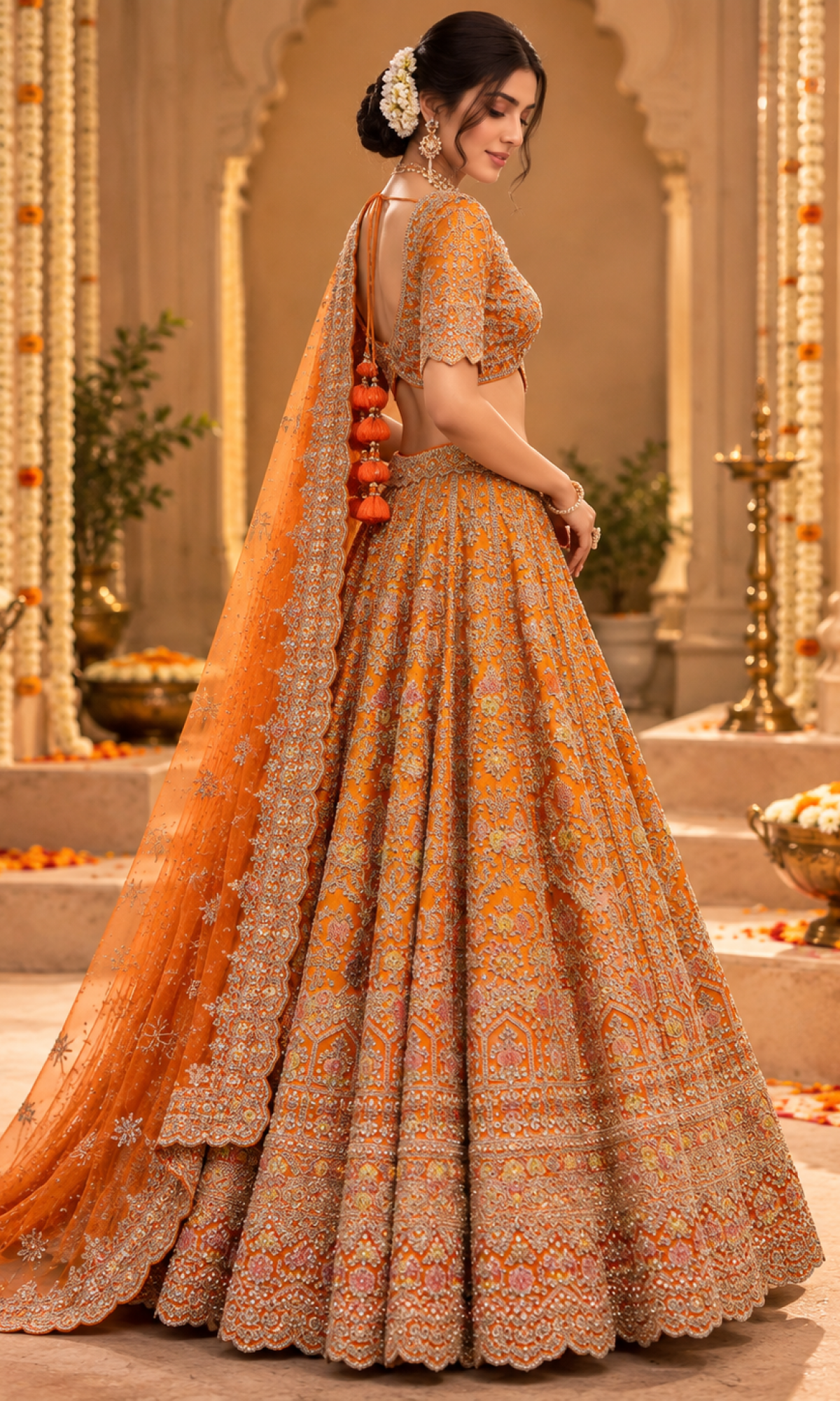 Orange Floral Embroidered Bridal Lehenga