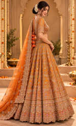 Orange Floral Embroidered Bridal Lehenga