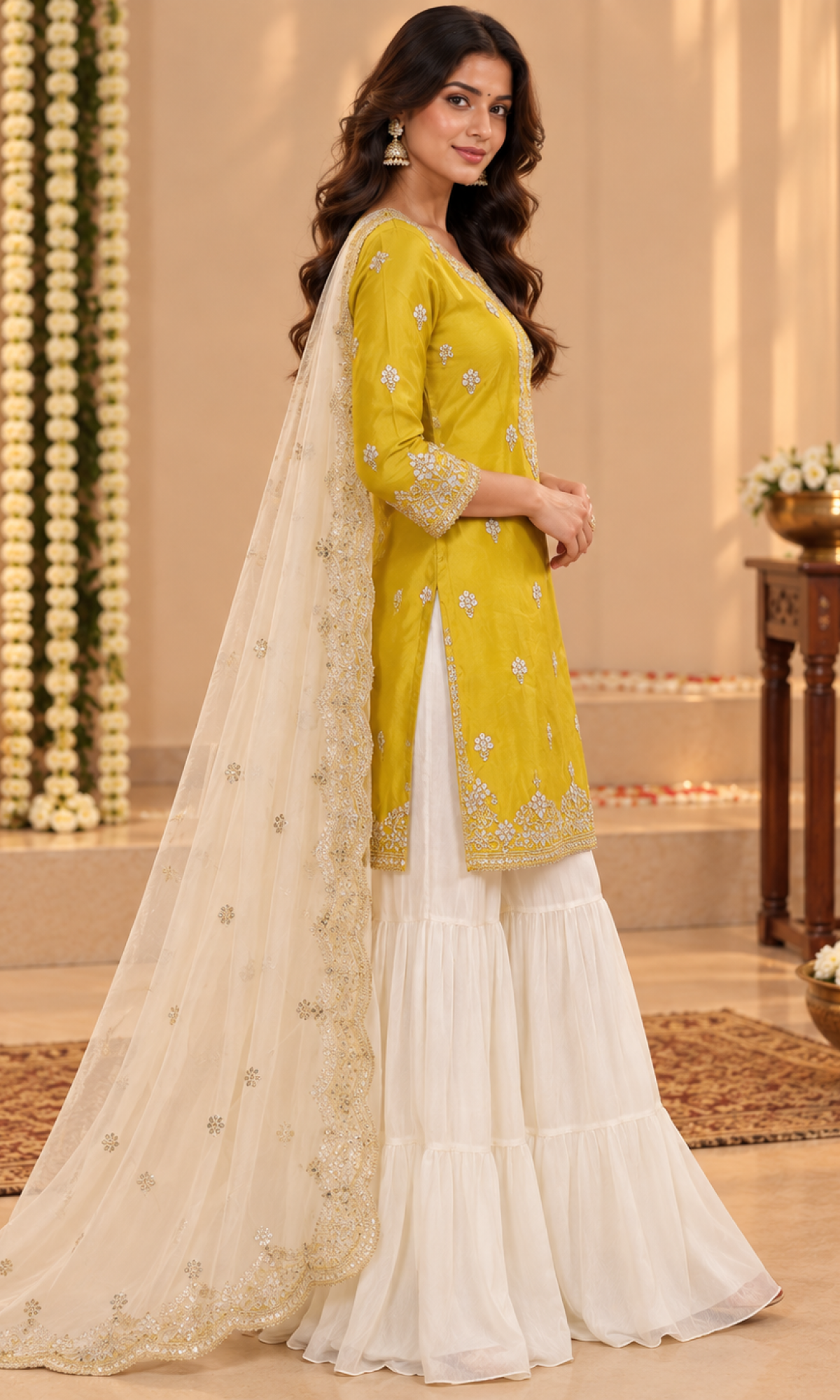 Yellow Floral Embroiderd Sharara Set