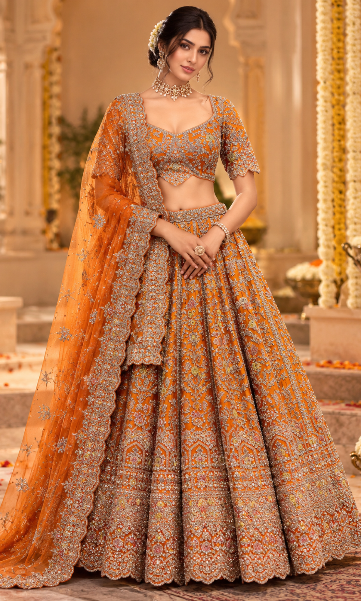Orange Floral Embroidered Bridal Lehenga