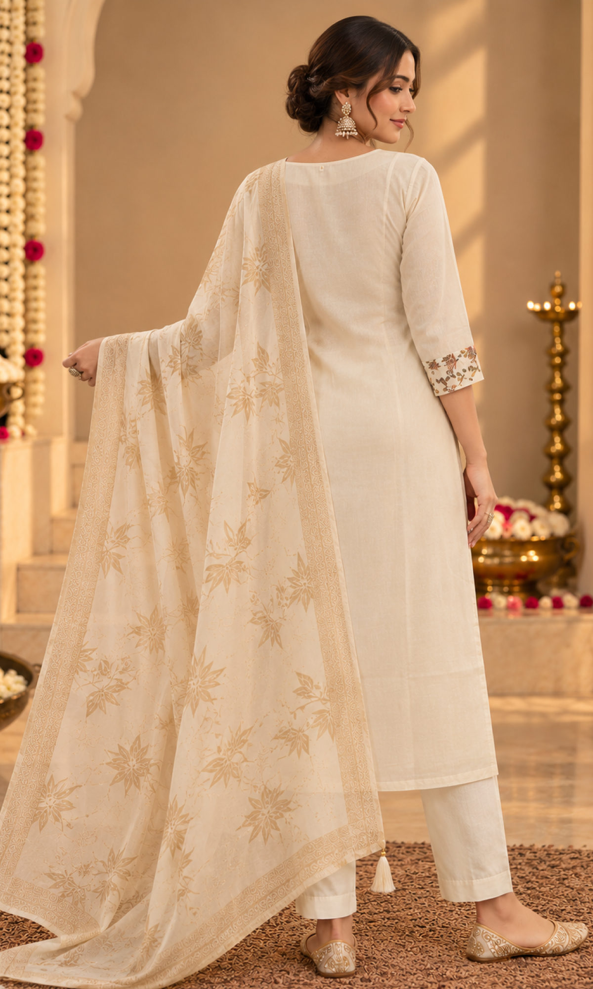 Cream Floral Embroidered Kurta Set