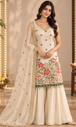 Cream Floral Embroidered Palazzo Set