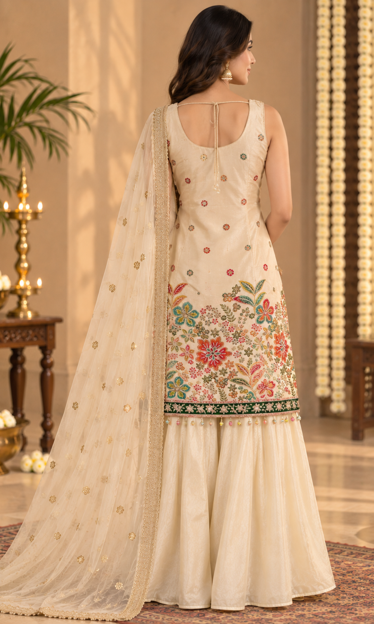 Cream Floral Embroidered Palazzo Set