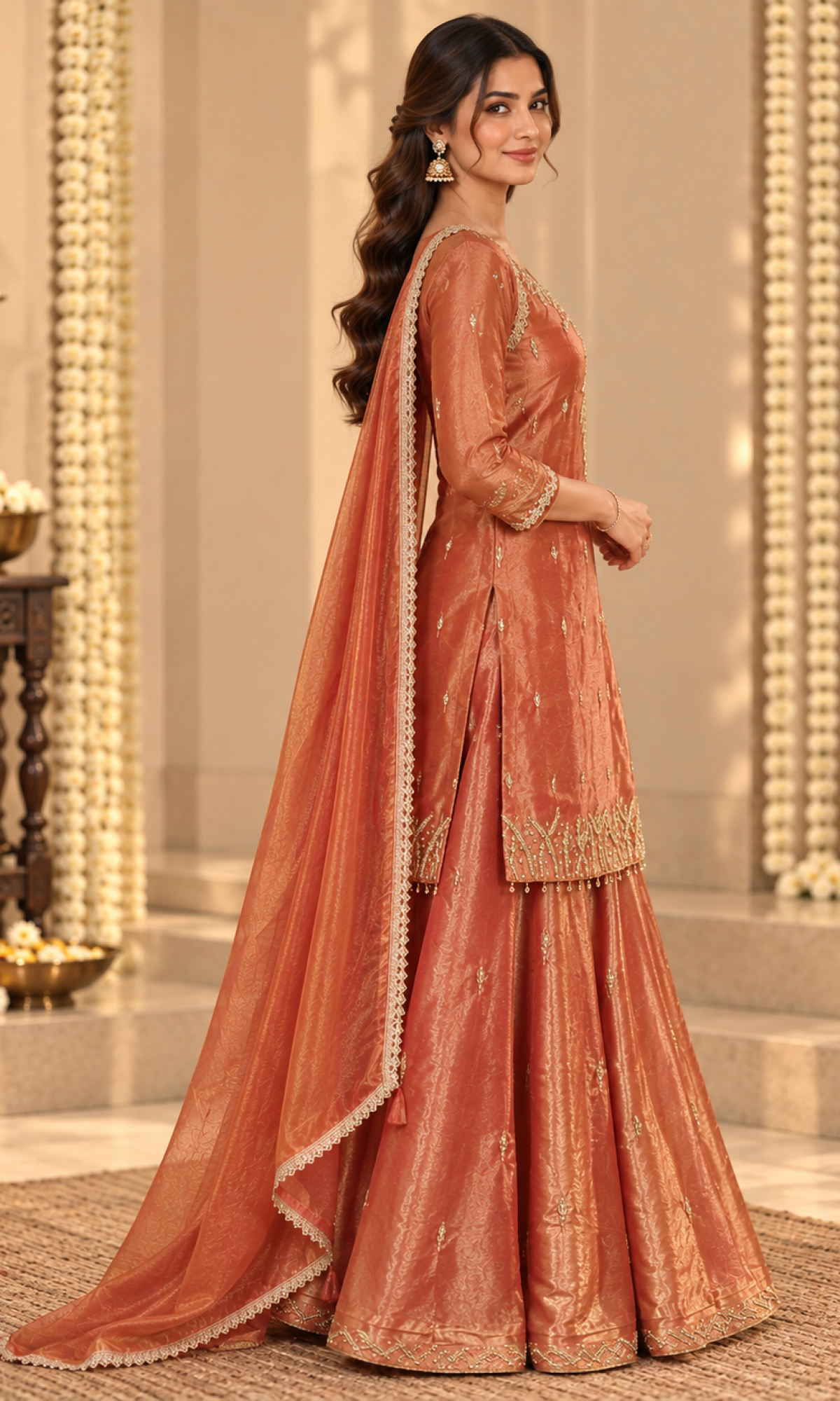 Rust Orange Embroidered Palazzo Set