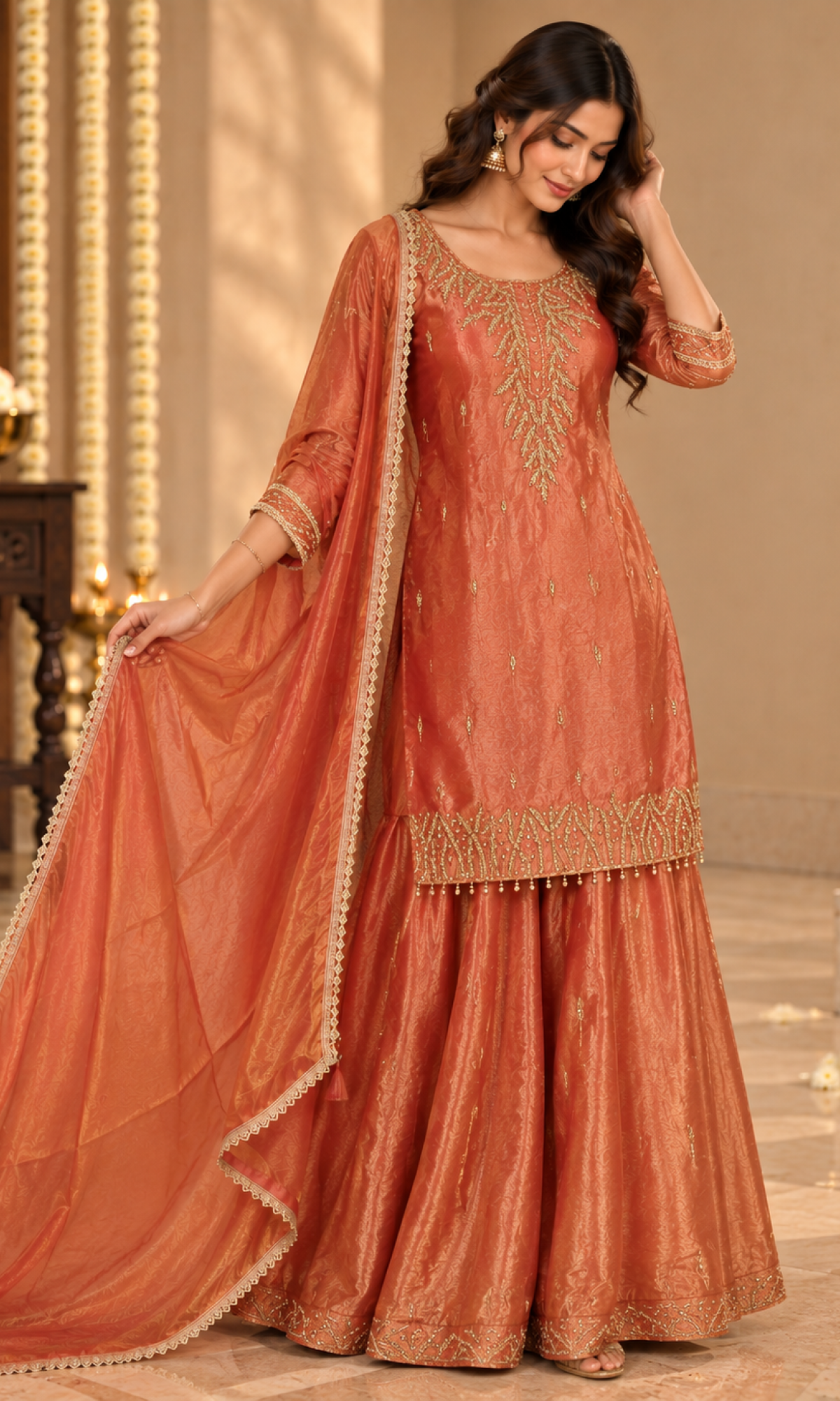 Rust Orange Embroidered Palazzo Set