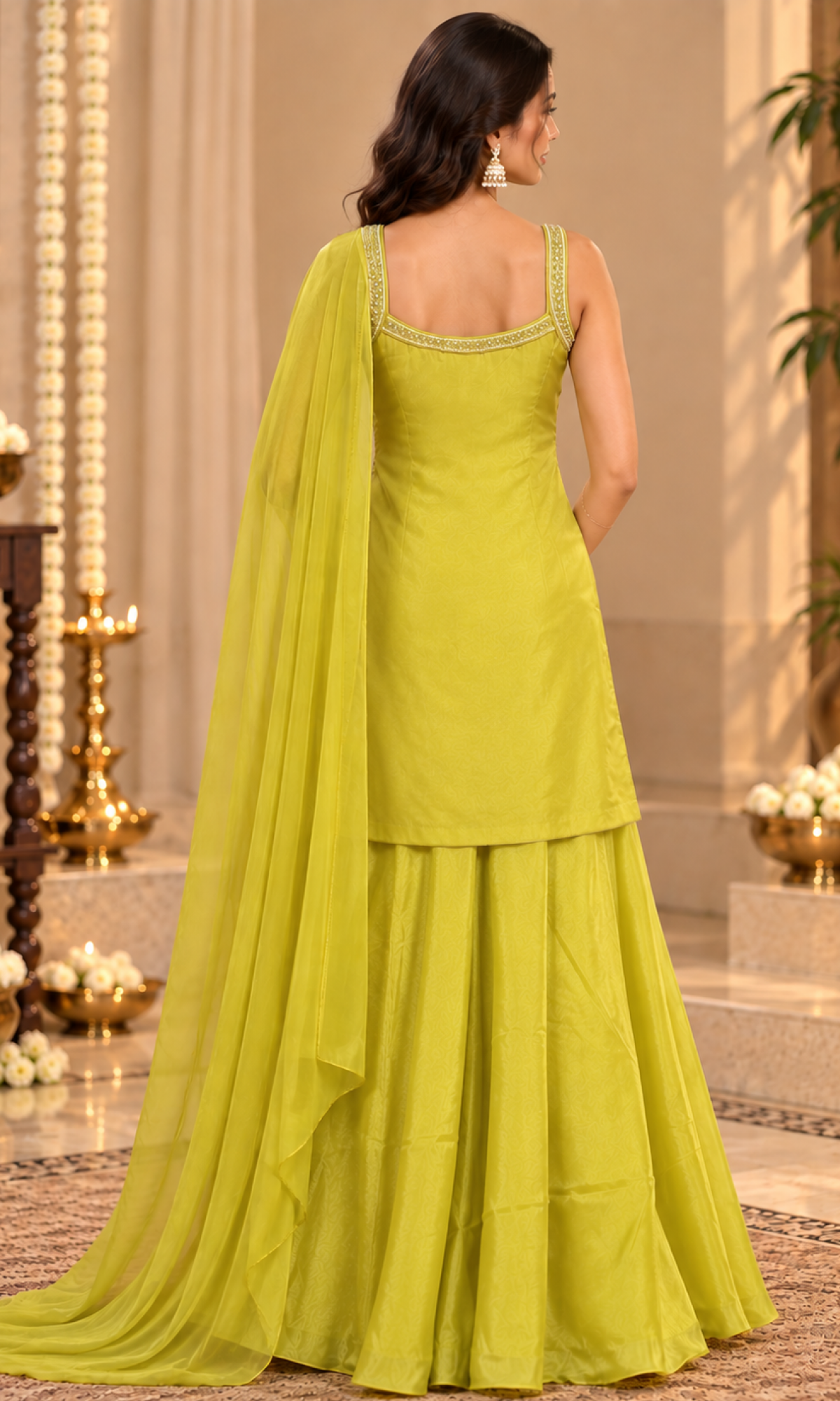 Lime Green Floral Embroidered Palazzo Set