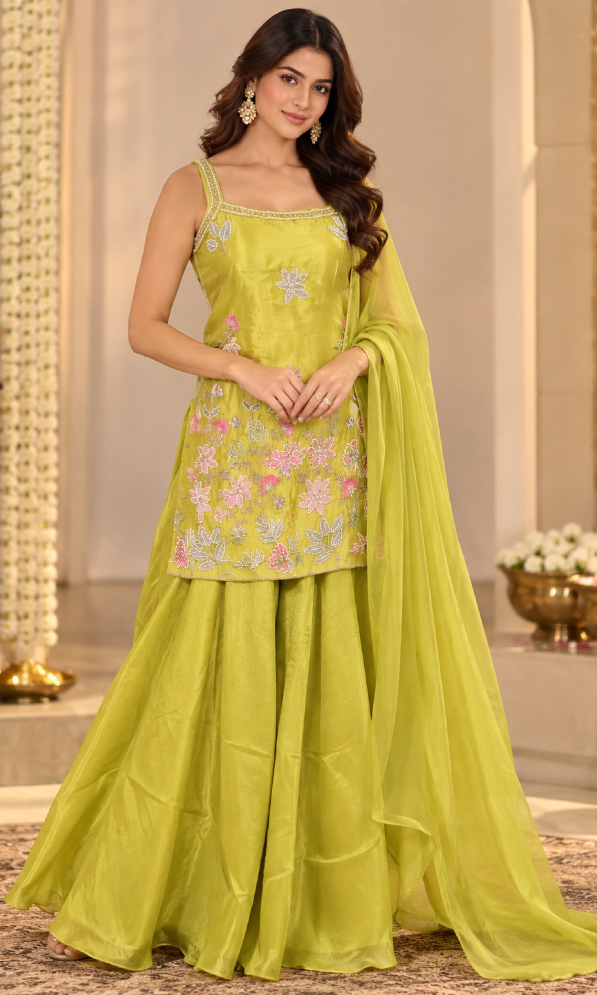 Lime Green Floral Embroidered Palazzo Set